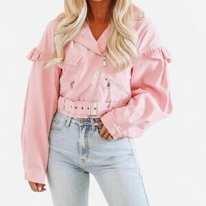 Pink cropped moto jacket light
